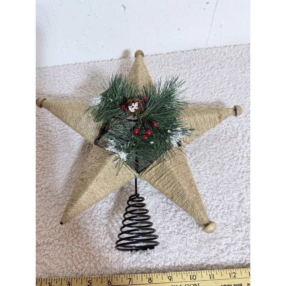 Rustic Jute Twine Star Christmas Tree Topper Pinecone Berries Farmhouse Decor